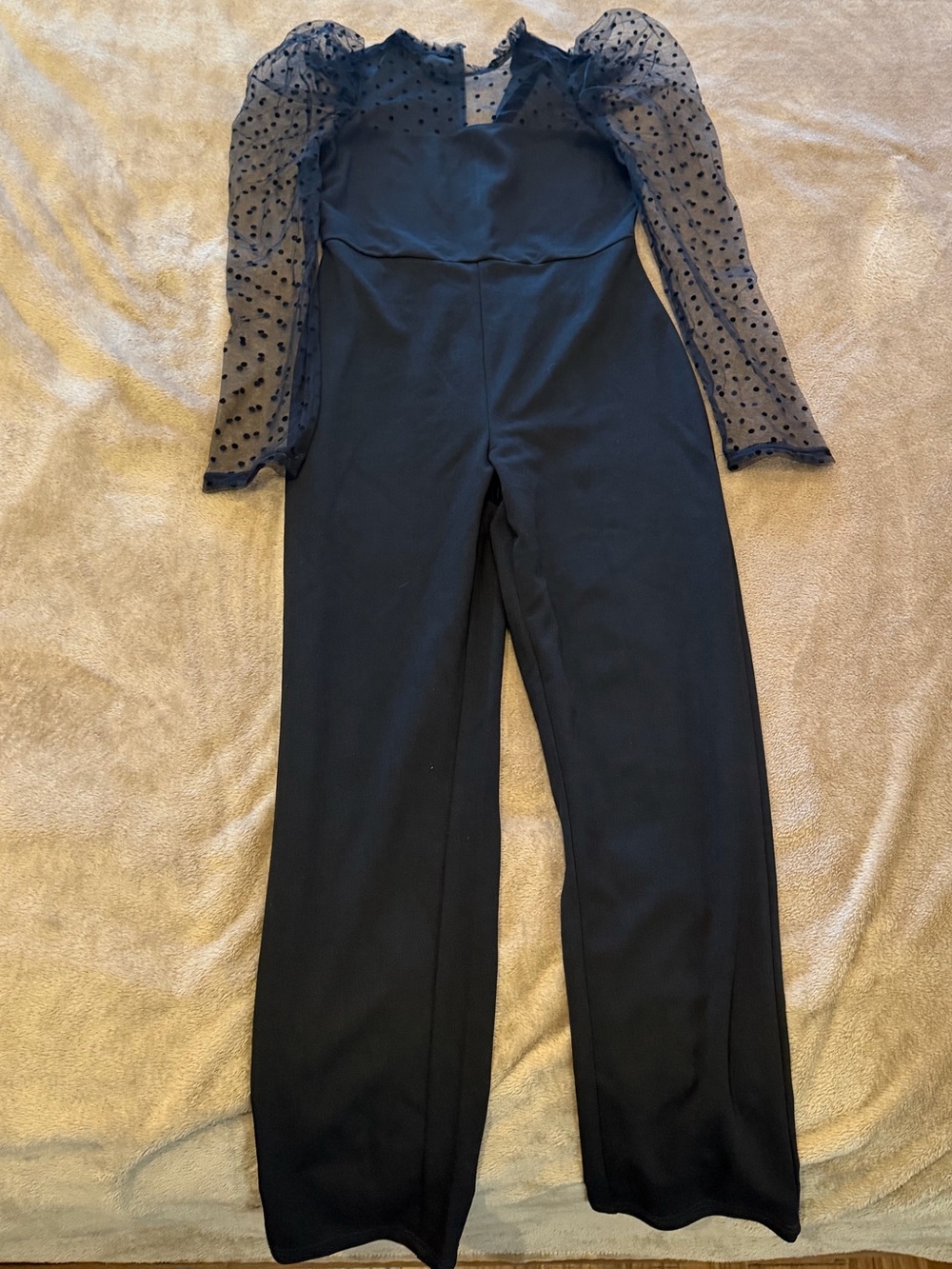 SHEIN Black Sheer Polka-Dot Sleeve Jumpsuit